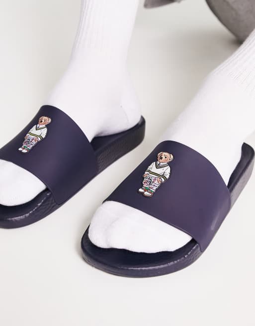 Polo Ralph Lauren sliders in navy with bear logo, 4 of 4