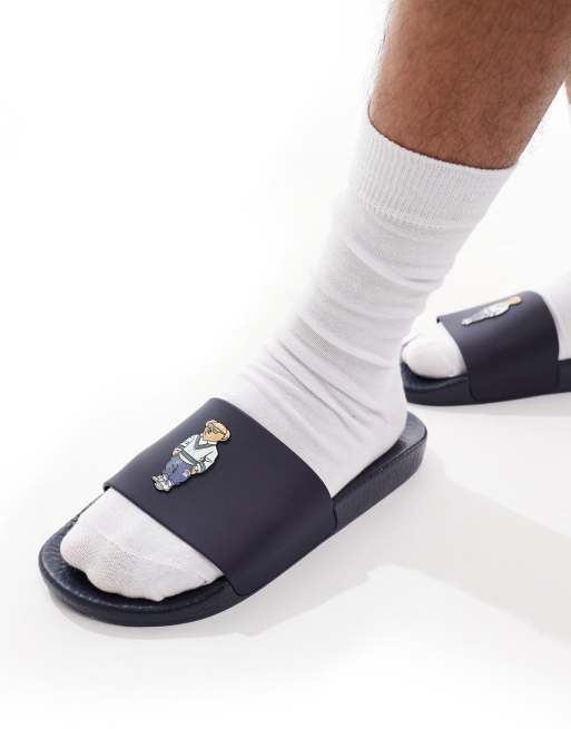 Polo Ralph Lauren sliders in navy with bear logo