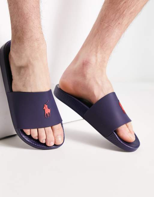 Polo Ralph Lauren sliders in navy with red pony logo