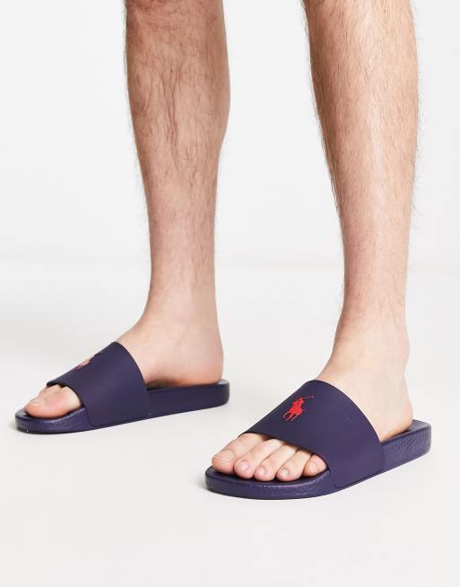 Polo Ralph Lauren sliders in navy with red pony logo