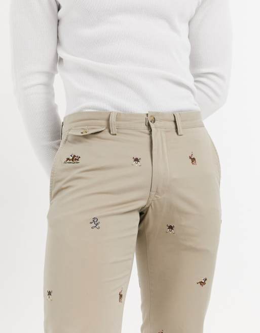 Polo Ralph Lauren slim fit all over horse embroidery cotton stretch twill  chinos in khaki tan