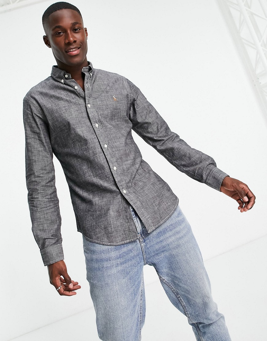 Polo Ralph Lauren - Slim fit denim overhemd met knopen en logo in grijs