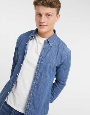 Polo Ralph Lauren slim fit denim shirt in mid wash blue - ASOS Price Checker