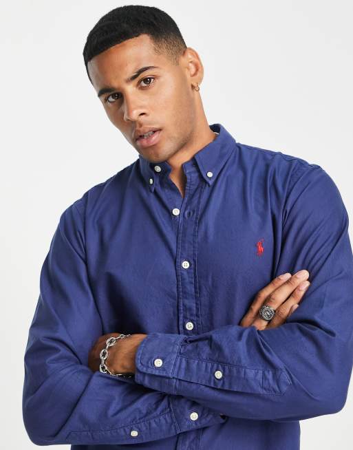 Polo Ralph Lauren slim fit garment dyed oxford shirt slim fit in light navy  | ASOS