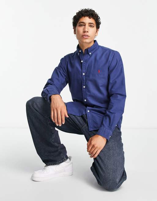 Polo Ralph Lauren slim fit garment dyed oxford shirt slim fit in light navy  | ASOS