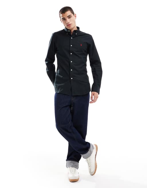 Polo Ralph Lauren – Slim Fit Hemd aus Stretch-Popeline in Schwarz, 3 von 4