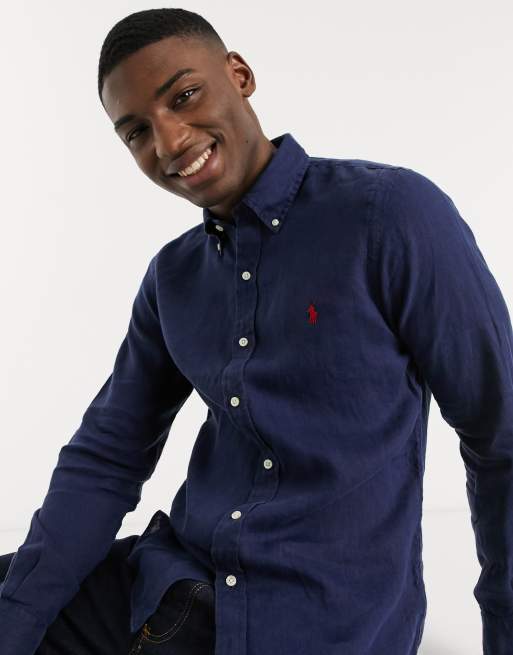 Polo Ralph Lauren slim fit linen shirt logo button down navy | ASOS