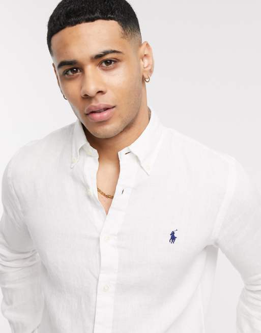 beweging Beeldhouwwerk Getalenteerd Polo Ralph Lauren slim fit linen shirt player logo button down in white |  ASOS