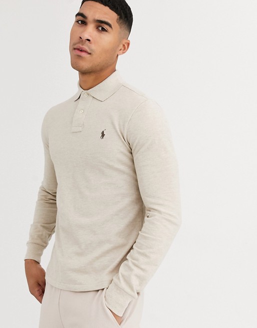 Polo Ralph Lauren slim fit long sleeve pique polo player logo in beige marl