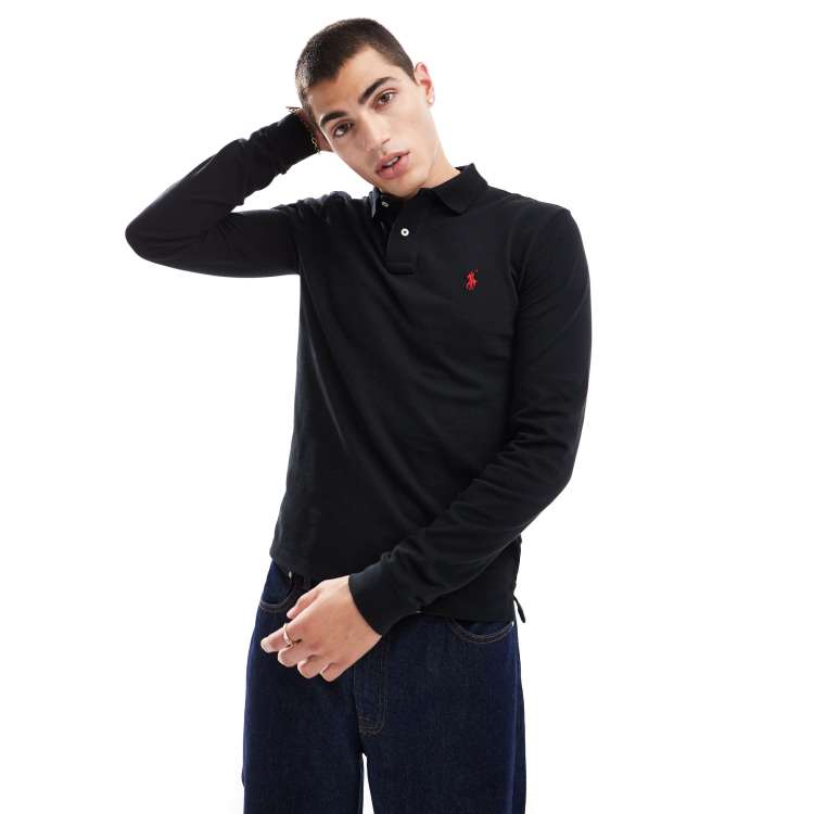 Polo Ralph Lauren slim fit long sleeve polo in black with player logo ASOS