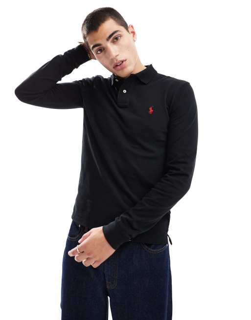 Polo Ralph Lauren slim fit long sleeve polo in black with player logo