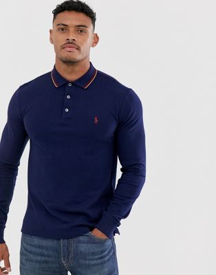 Polo Ralph Lauren slim fit long sleeve tipped stretch polo in navy with  player logo | ASOS