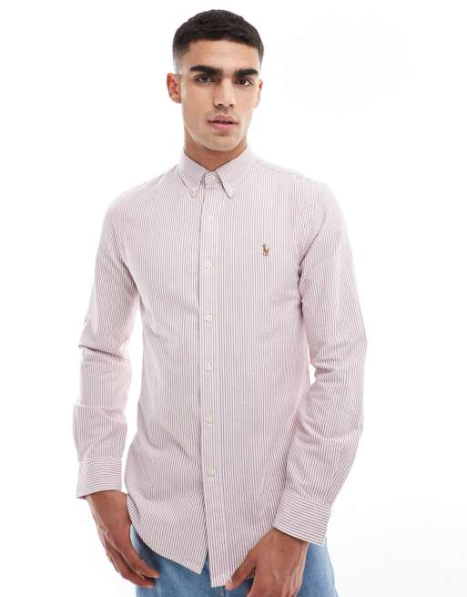 Polo Ralph Lauren - Slim-fit Oxford overhemd met icoonlogo en strepen in bordeauxrood/wit