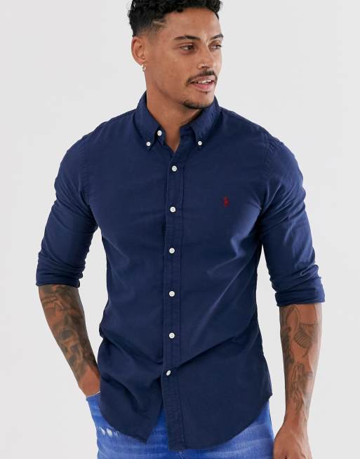 Polo Ralph Lauren - Slim-fit oxford overhemd met knopen en logo in marineblauw met wassing