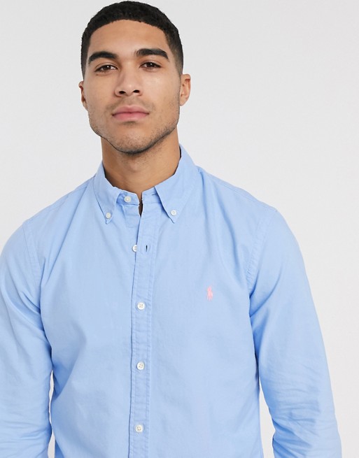 Polo Ralph Lauren slim fit oxford shirt in light blue garment dye with logo