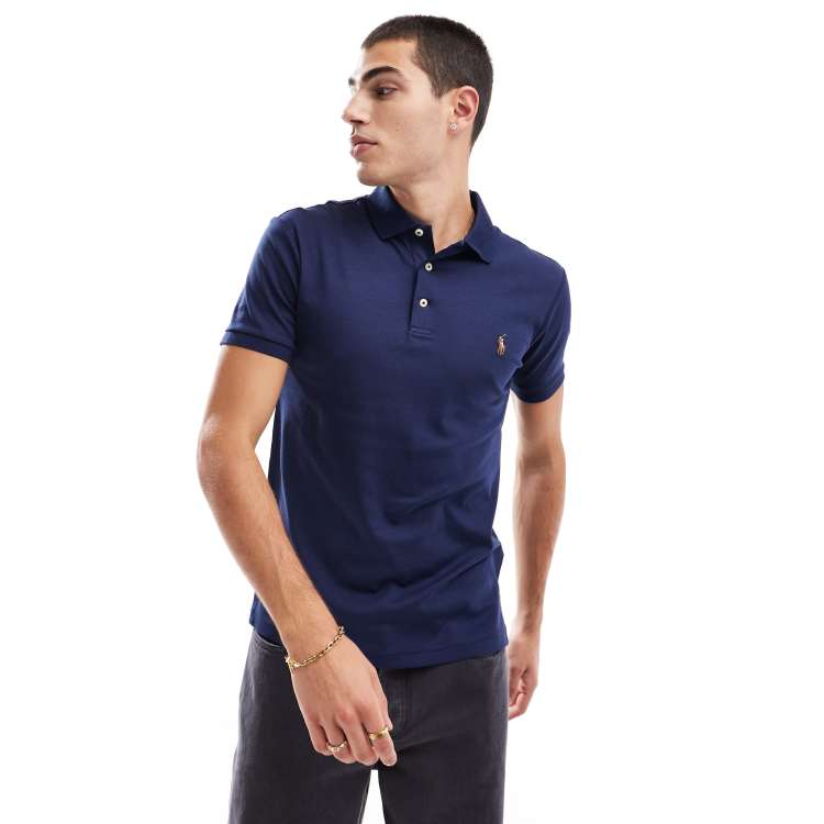 Polo Ralph Lauren slim fit pique polo with red player logo in washed navy