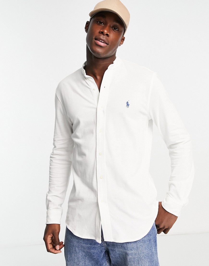 Polo Ralph Lauren slim fit pique band collar shirt with pony logo in white
