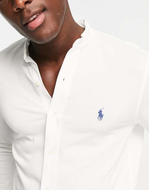 Polo Ralph Lauren slim fit pique band collar shirt with pony logo in white  | ASOS