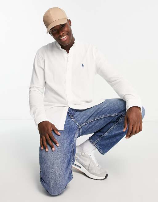 Polo Ralph Lauren slim fit pique band collar shirt with pony logo in white  | ASOS