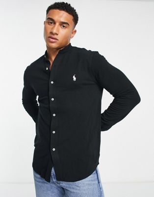 Polo Ralph Lauren slim fit pique grandad shirt with pony logo in black - ASOS Price Checker
