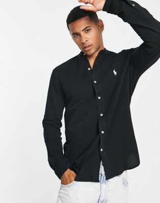 Polo Ralph Lauren slim fit pique grandad shirt with pony logo in black