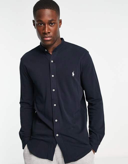 Polo Ralph Lauren slim fit pique grandad shirt with pony logo in navy