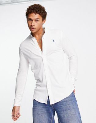 Polo Ralph Lauren slim fit pique grandad shirt with pony logo in white