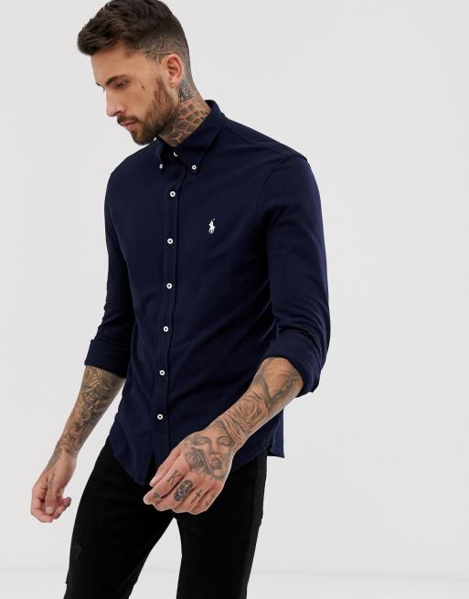 Polo Ralph Lauren Slim fit piqu overhemd met button down boord en logo in donkerblauw