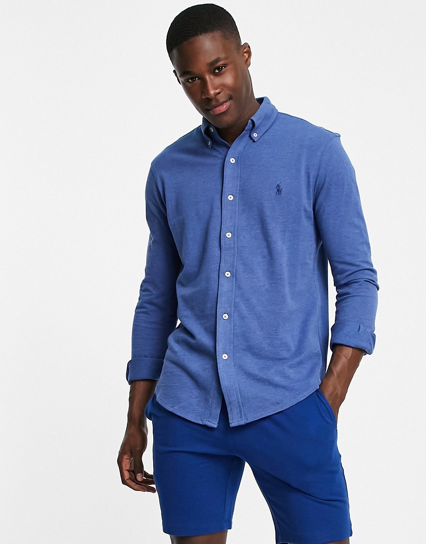 Polo Ralph Lauren - Slim fit piqué overhemd met knopen en spelerslogo in gemêleerd blauw