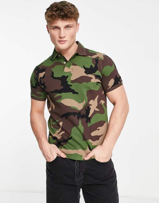 Polo Ralph Lauren - Slim fit piqué polo met iconisch logo en camouflageprint in groen