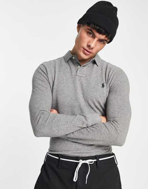 Polo Ralph Lauren - Slim-fit piqué polo met icoonlogo en lange mouwen in gemêleerd donkergrijs
