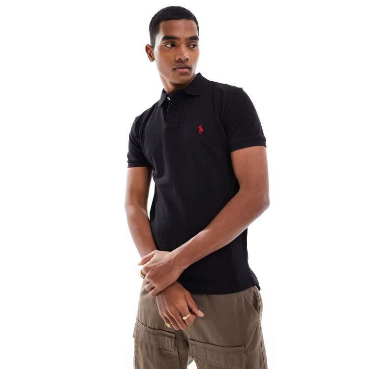 Polo Ralph Lauren slim fit pique polo with red player logo in washed black