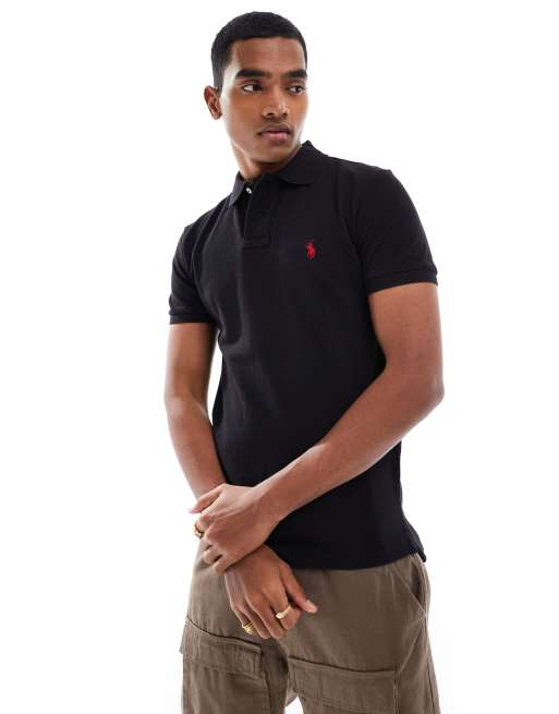 Polo Ralph Lauren slim fit pique polo with red player logo in washed black  | ASOS