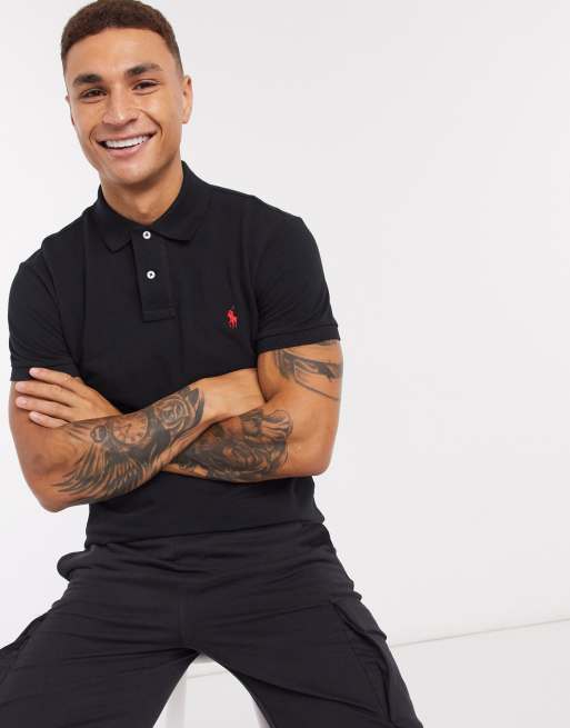 Polo Ralph Lauren slim-fit pique polo with red player logo in washed black  | ASOS