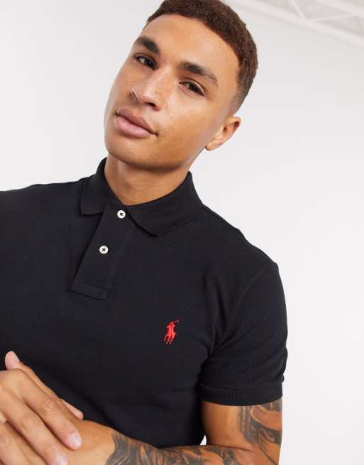 Polo Ralph Lauren slim-fit pique polo with red player logo in washed black  | ASOS