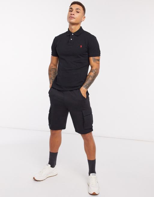 Black and store red polo shorts