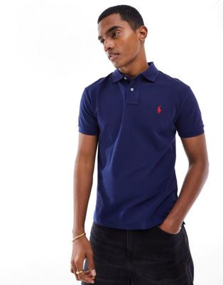 Polo Ralph Lauren slim fit pique polo with red player logo in washed navy - ASOS Price Checker