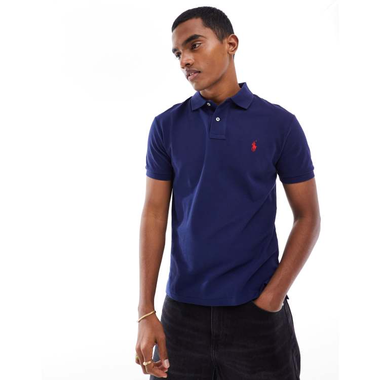 Polo Ralph Lauren slim fit pique polo with red player logo in washed navy