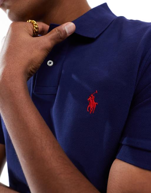 Polo Ralph Lauren slim fit pique polo with red player logo in washed navy