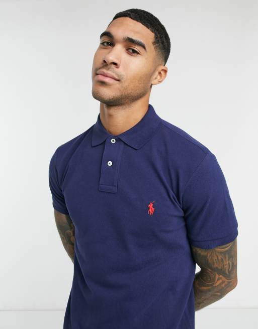 Navy Blue And Red Slim-Fit Pique Polo Shirt RALPH LAUREN, 53% OFF