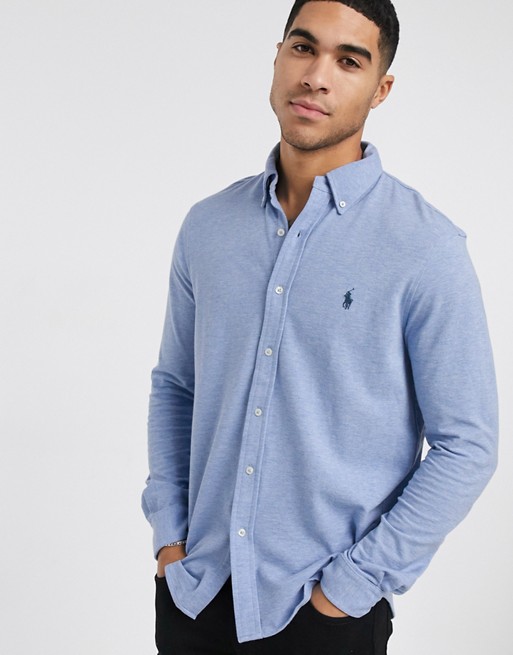 Polo Ralph Lauren slim fit pique shirt in blue marl with logo