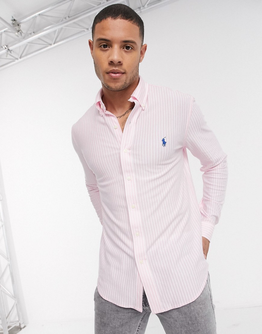 Polo Ralph Lauren slim fit pique shirt in light pink stripe with logo-White