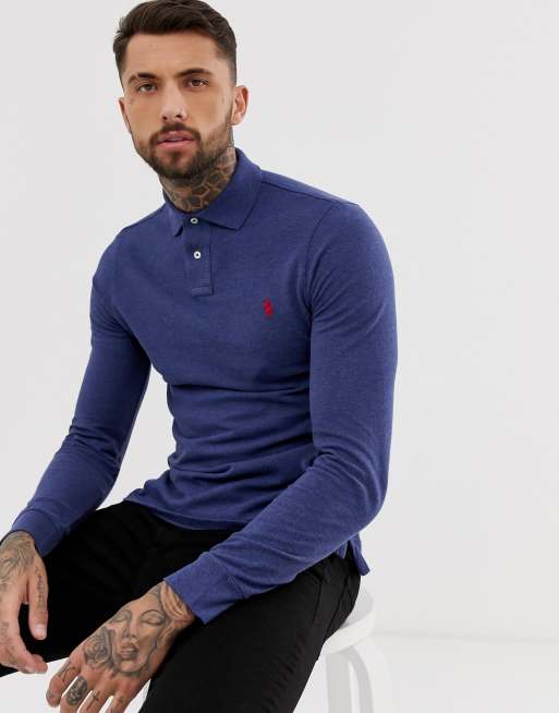 Polo Ralph Lauren - Slim-fit piqué polo met lange mouwen en spelerlogo in gemêleerd marineblauw