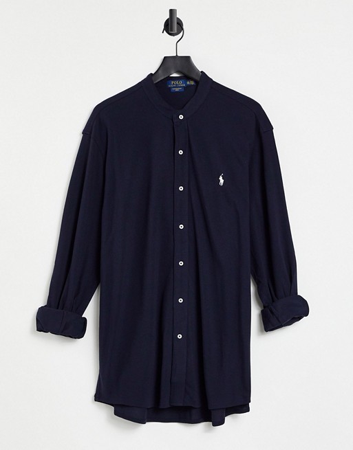 Polo Ralph Lauren slim fit player logo pique banded collar shirt shirt in aviator navy