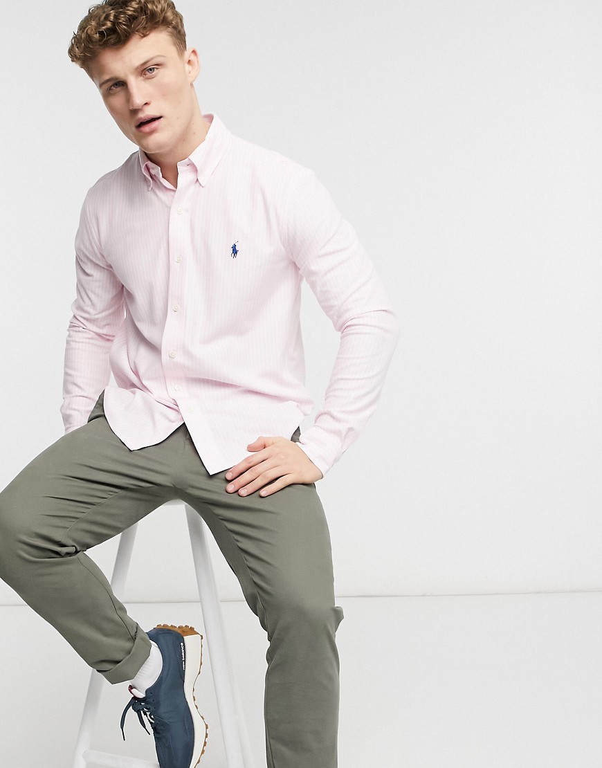 Polo Ralph Lauren slim fit player logo stripe pique shirt in carmel pink & white
