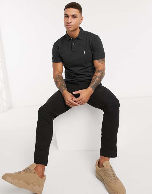 Polo Ralph Lauren slim fit polo in black marl with player logo