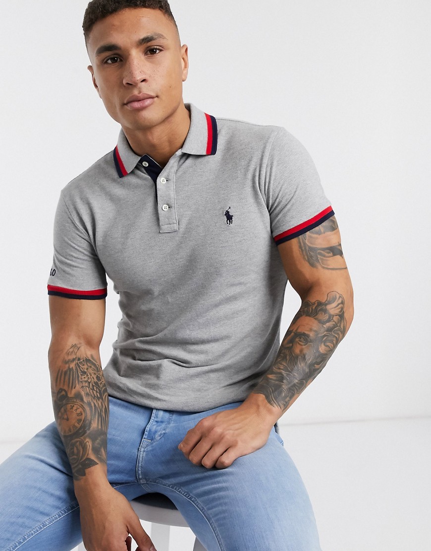 Polo Ralph Lauren slim fit polo in grey with multi tipping and logo