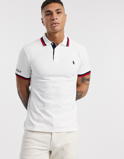 Polo Ralph Lauren slim fit polo in white with multi tipping and logo
