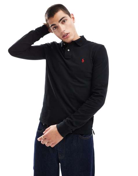 Polo Ralph Lauren - Slim-fit poloshirt met lange mouwen in zwart met spelerlogo - view 1