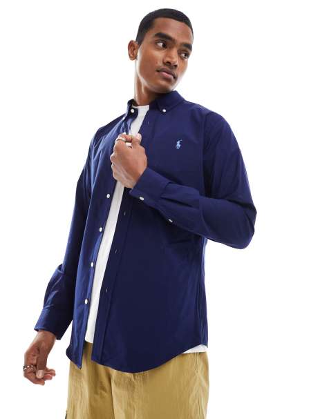 Polo Ralph Lauren - Slim-fit poplin overhemd met button-down boord en logo in marineblauw - view 1